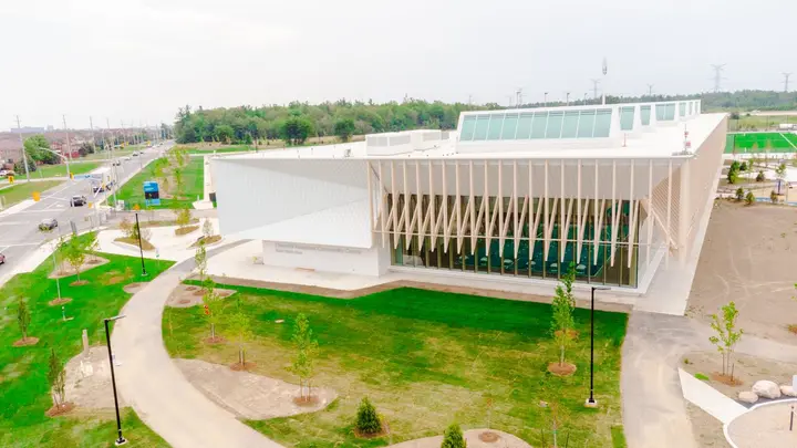 Building exterior at Churchill Meadows Community Centre Pool